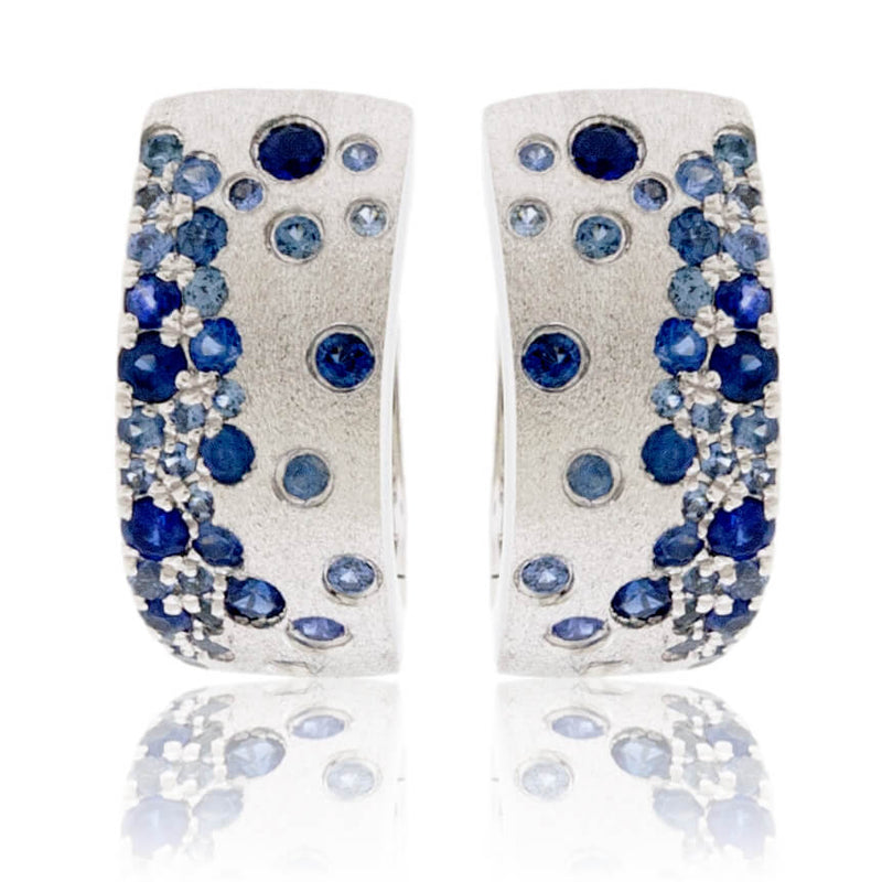 White Gold Satin Finish Flush Set Blue Sapphire Earrings - Park City Jewelers
