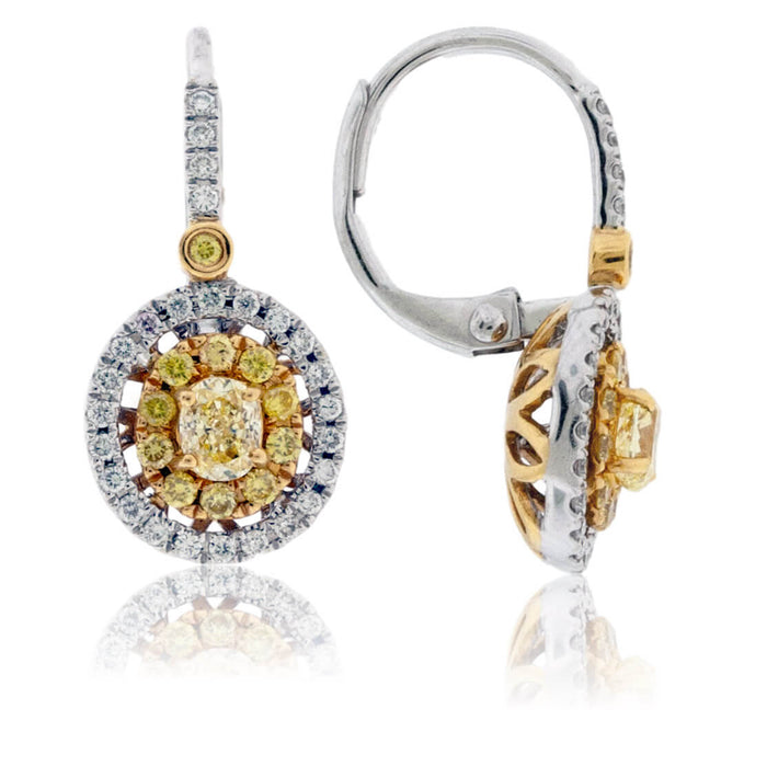 Yellow Diamond & Double Diamond Halo Drop Earrings - Park City Jewelers