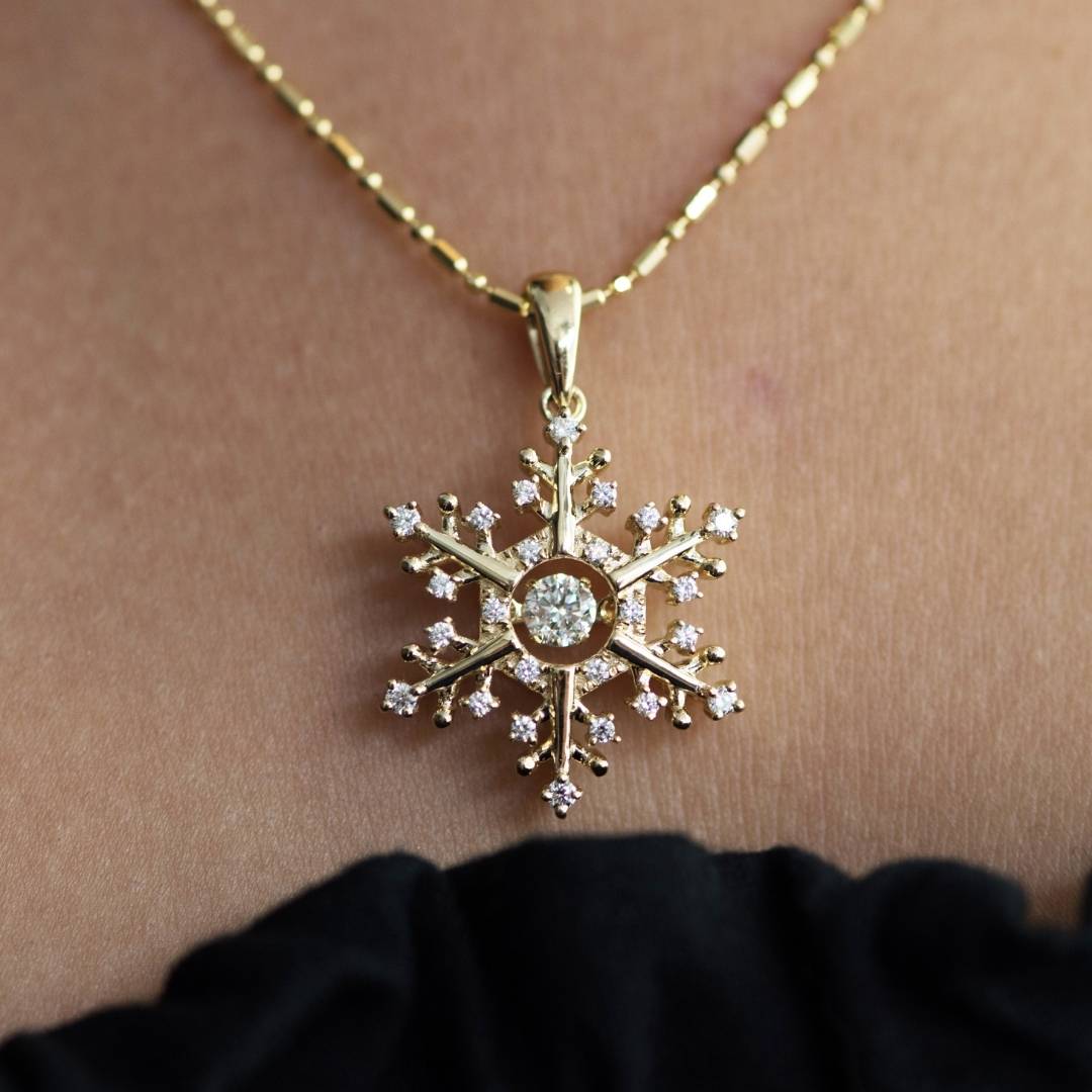 Yellow Gold Dancing Diamond Snowflake Necklace - Park City Jewelers
