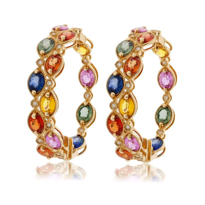 Yellow Gold Polish Finish Rainbow Sapphire Hoop Earrings - Park City Jewelers