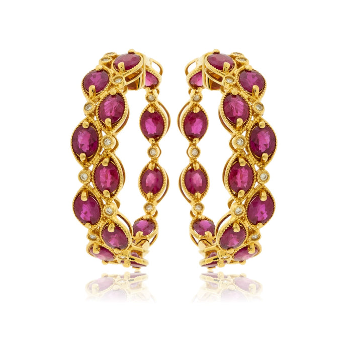 Yellow Gold Polish Finish Ruby Two Row Hoop Earrings - Park City Jewelers