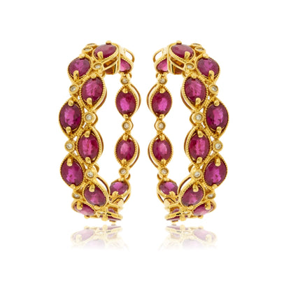 Yellow Gold Polish Finish Ruby Two Row Hoop Earrings - Park City Jewelers