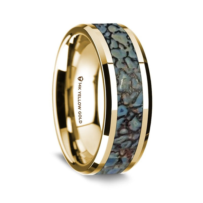 Yellow Gold Polished Beveled Edges Ring with Blue Dinosaur Bone Inlay - Park City Jewelers
