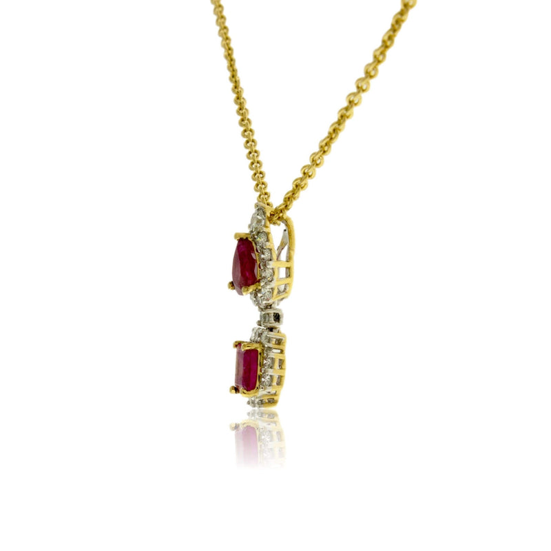 Yellow Gold Red Emerald & Diamond Halo Drop Pendant - Park City Jewelers