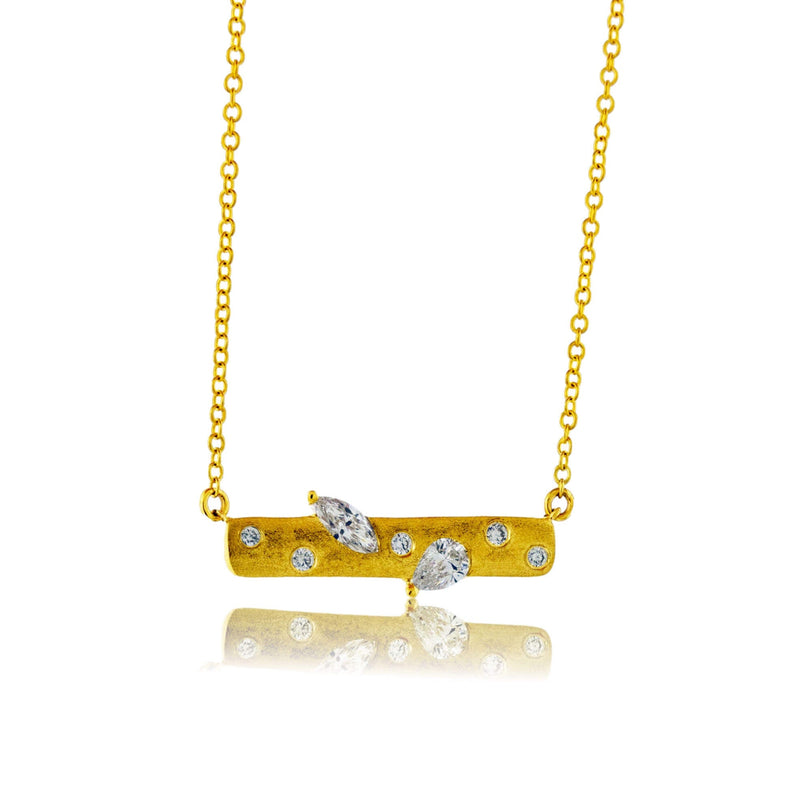 Yellow Gold Satin Finish Flush Set Diamond Bar Necklace - Park City Jewelers