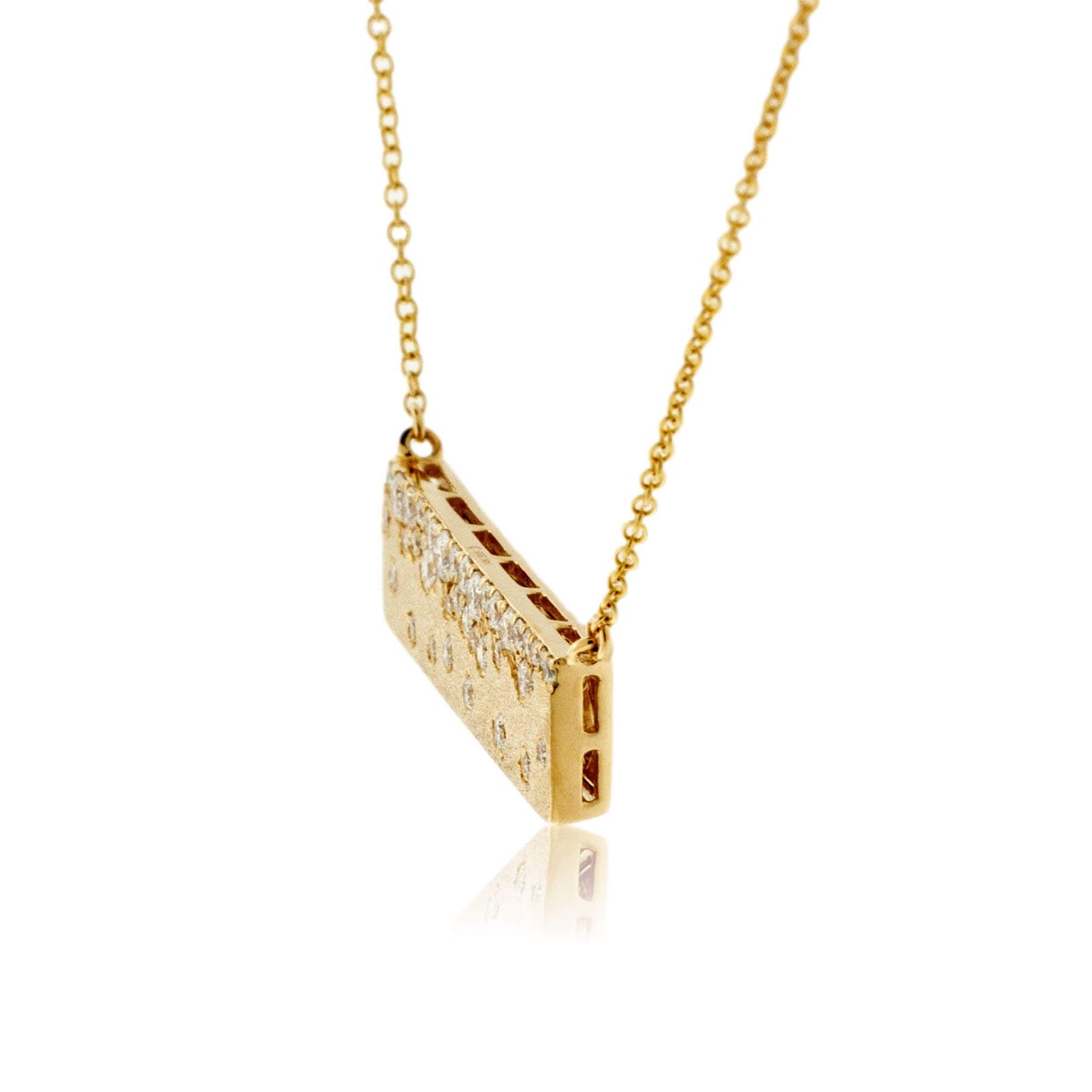 Yellow Gold Satin Finish Flush Set Diamond Bar Necklace - Park City Jewelers