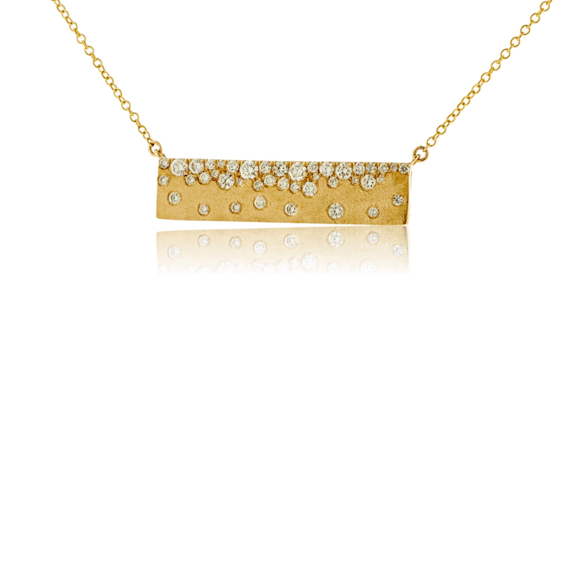Yellow Gold Satin Finish Flush Set Diamond Bar Necklace - Park City Jewelers