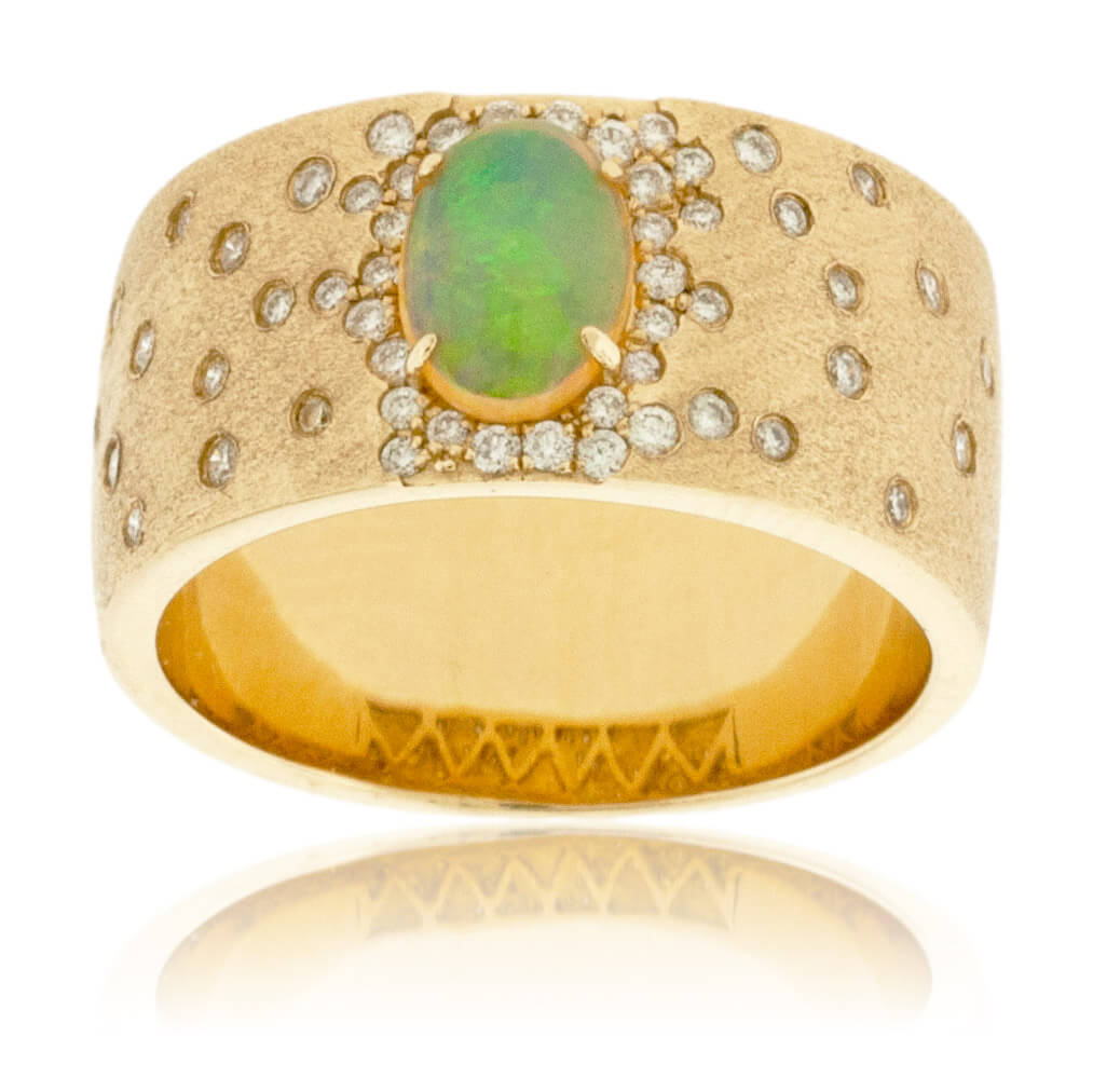 Yellow Gold Satin Finish Flush Set Diamond & Opal Cabochon Ring - Park City Jewelers