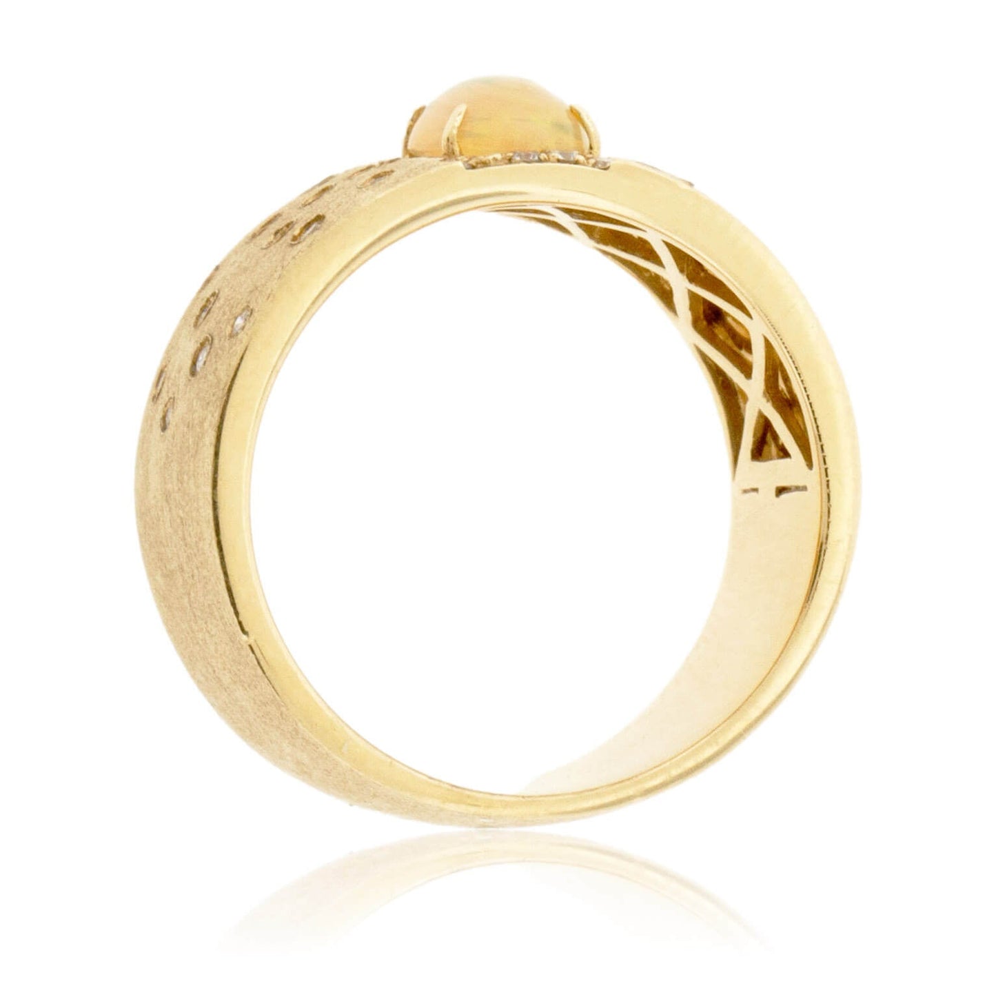 Yellow Gold Satin Finish Flush Set Diamond & Opal Cabochon Ring - Park City Jewelers