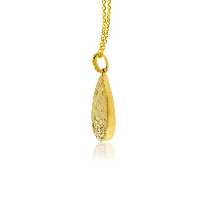 Yellow Gold Satin Finish Flush Set Diamond Tear Drop Necklace - Park City Jewelers