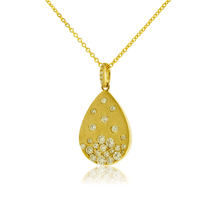 Yellow Gold Satin Finish Flush Set Diamond Tear Drop Necklace - Park City Jewelers