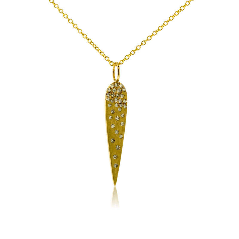 Yellow Gold Satin Finish Flush Set Diamond Vertical Pear Necklace - Park City Jewelers