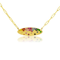 Yellow Gold Satin Finish Flush Set Oval Rainbow Sapphire Necklace - Park City Jewelers