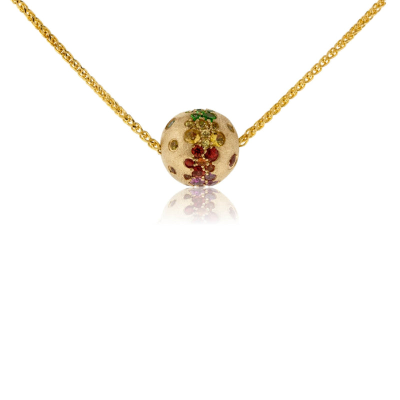 Yellow Gold Satin Finish Flush Set Rainbow Sapphire Ball Necklace - Park City Jewelers