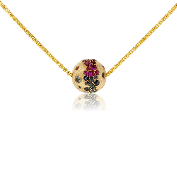 Yellow Gold Satin Finish Flush Set Rainbow Sapphire Ball Necklace - Park City Jewelers