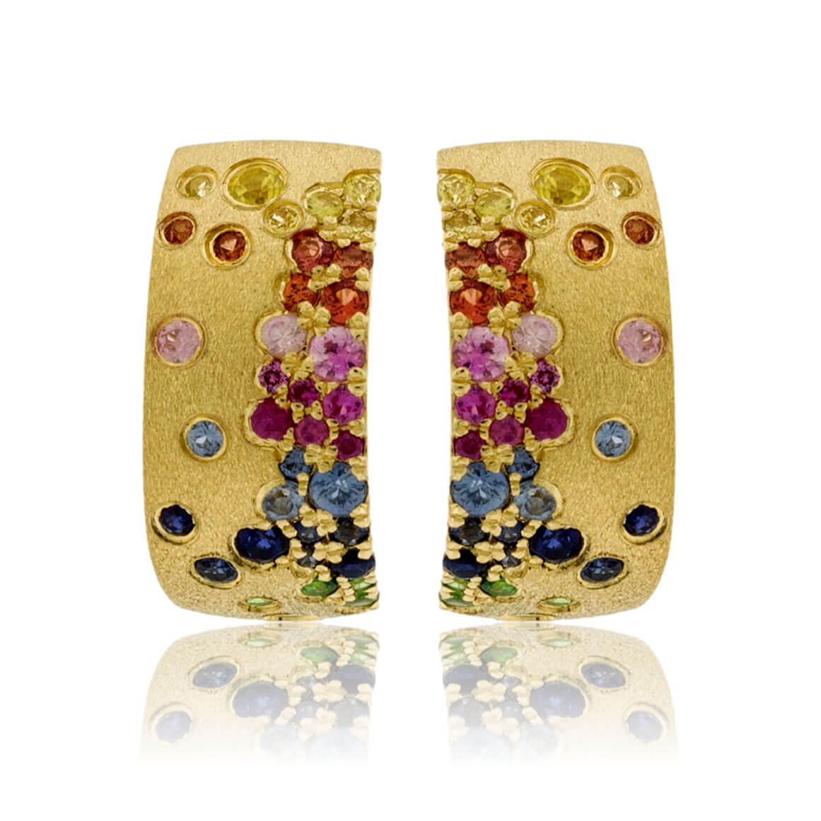 Yellow Gold Satin Finish Flush Set Rainbow Sapphire Earrings - Park City Jewelers