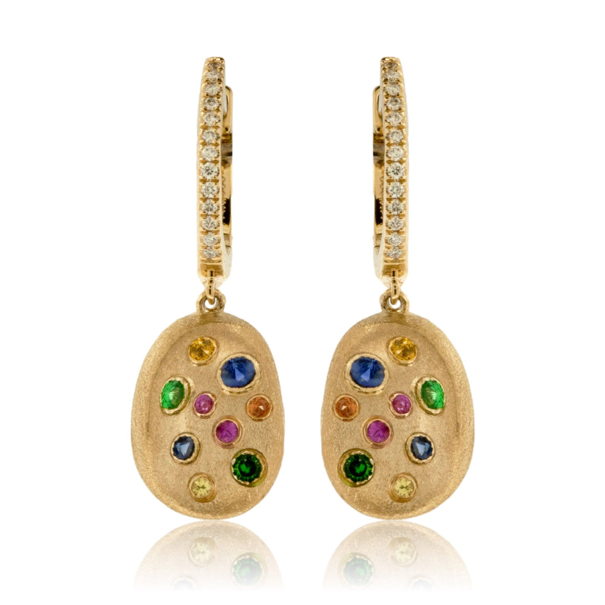 Yellow Gold Satin Finish Flush Set Rainbow Sapphire Earrings - Park City Jewelers