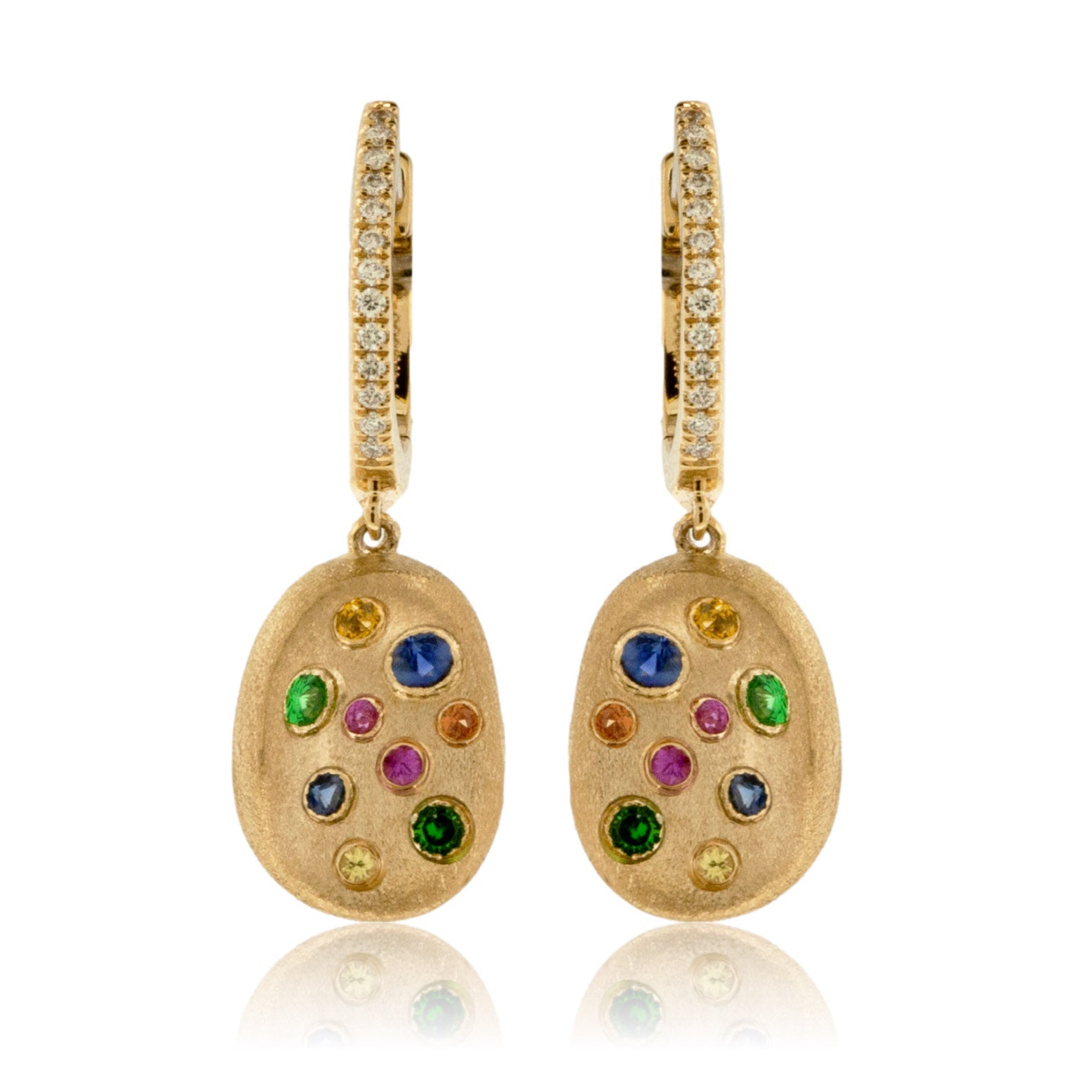 Yellow Gold Satin Finish Flush Set Rainbow Sapphire Earrings - Park City Jewelers