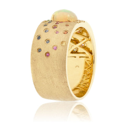 Yellow Gold Satin Finish Flush Set Rainbow Sapphire & Opal Cabochon Ring - Park City Jewelers