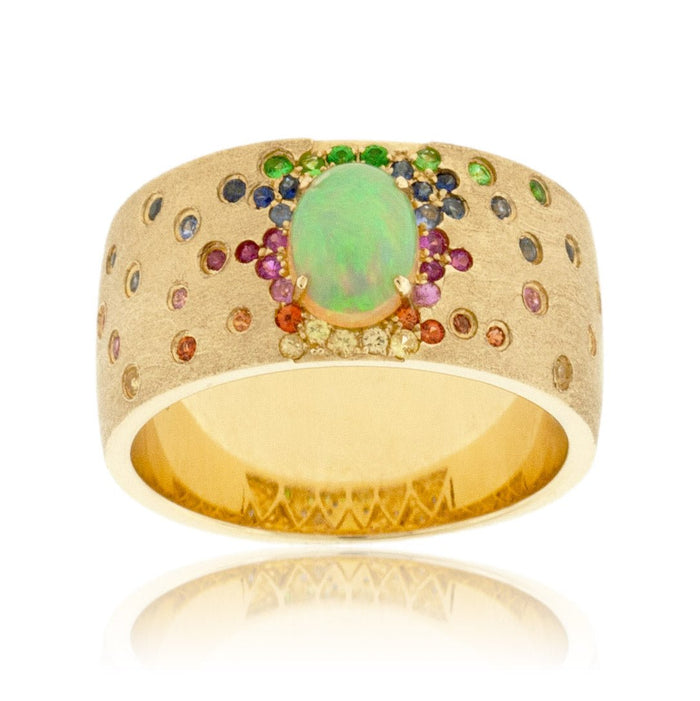 Yellow Gold Satin Finish Flush Set Rainbow Sapphire & Opal Cabochon Ring - Park City Jewelers