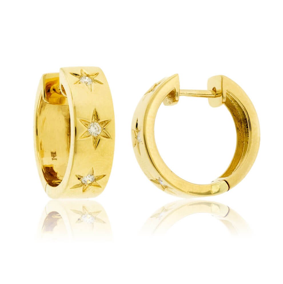 Yellow Gold Satin Finish Flush Set Star Diamond Earrings - Park City Jewelers