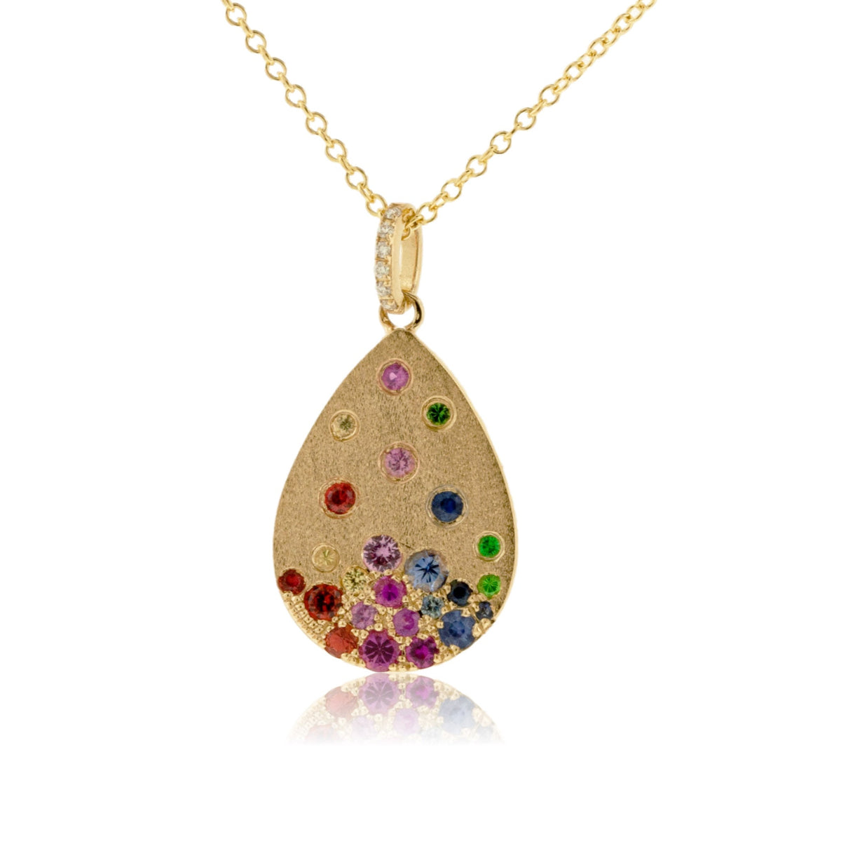 Yellow Gold Satin Finish Flush Set Teardrop Rainbow Sapphire Necklace - Park City Jewelers