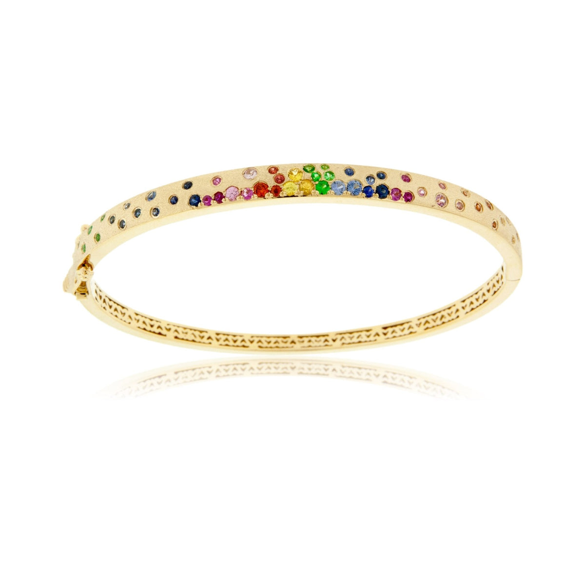 Yellow Gold Satin Finish Narrow Flush Set Rainbow Sapphire Bracelet - Park City Jewelers