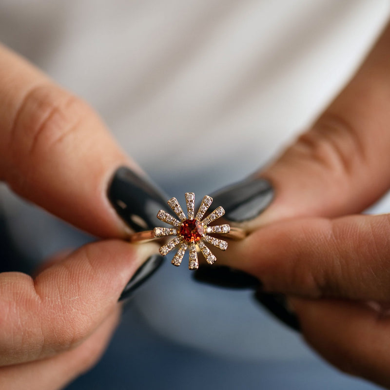 Yellow Gold Sun Style Ring with Diamond and Orange Sapphire - Park City Jewelers