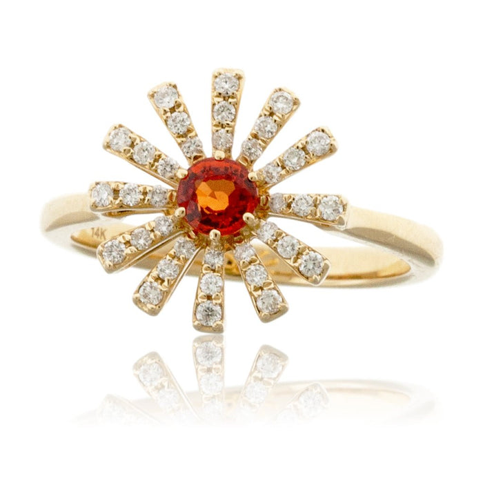 Yellow Gold Sun Style Ring with Diamond and Orange Sapphire - Park City Jewelers