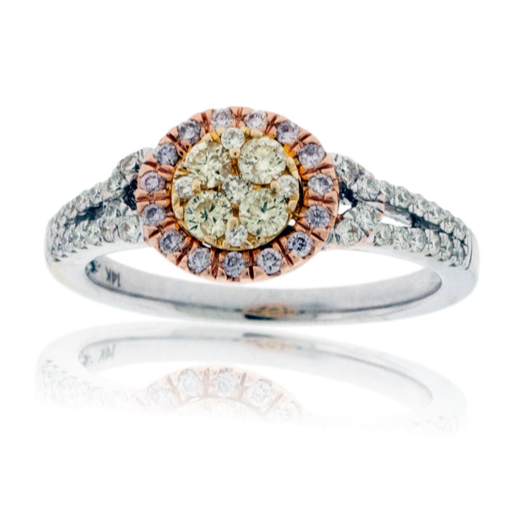 Yellow, Pink, and White Diamond Cluster Engagement Style Ring - Park City Jewelers